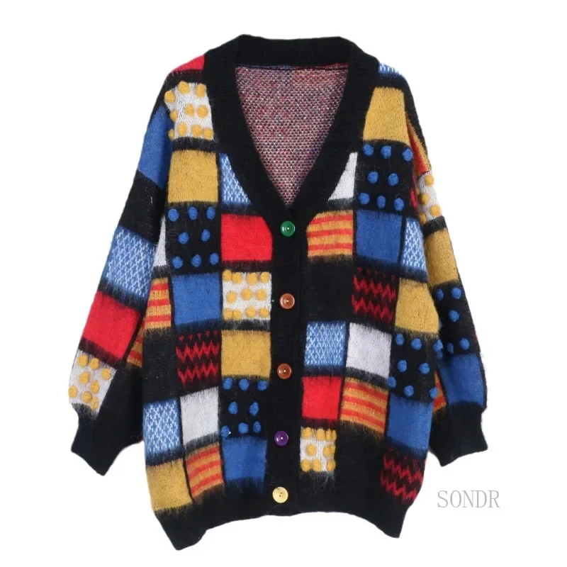 Retro Contrasted Plaid Oversized Cardigan Three-dimensional Hairball Knitted Cardigan Soft Mohair V-neck  Sweater Jacket Thick