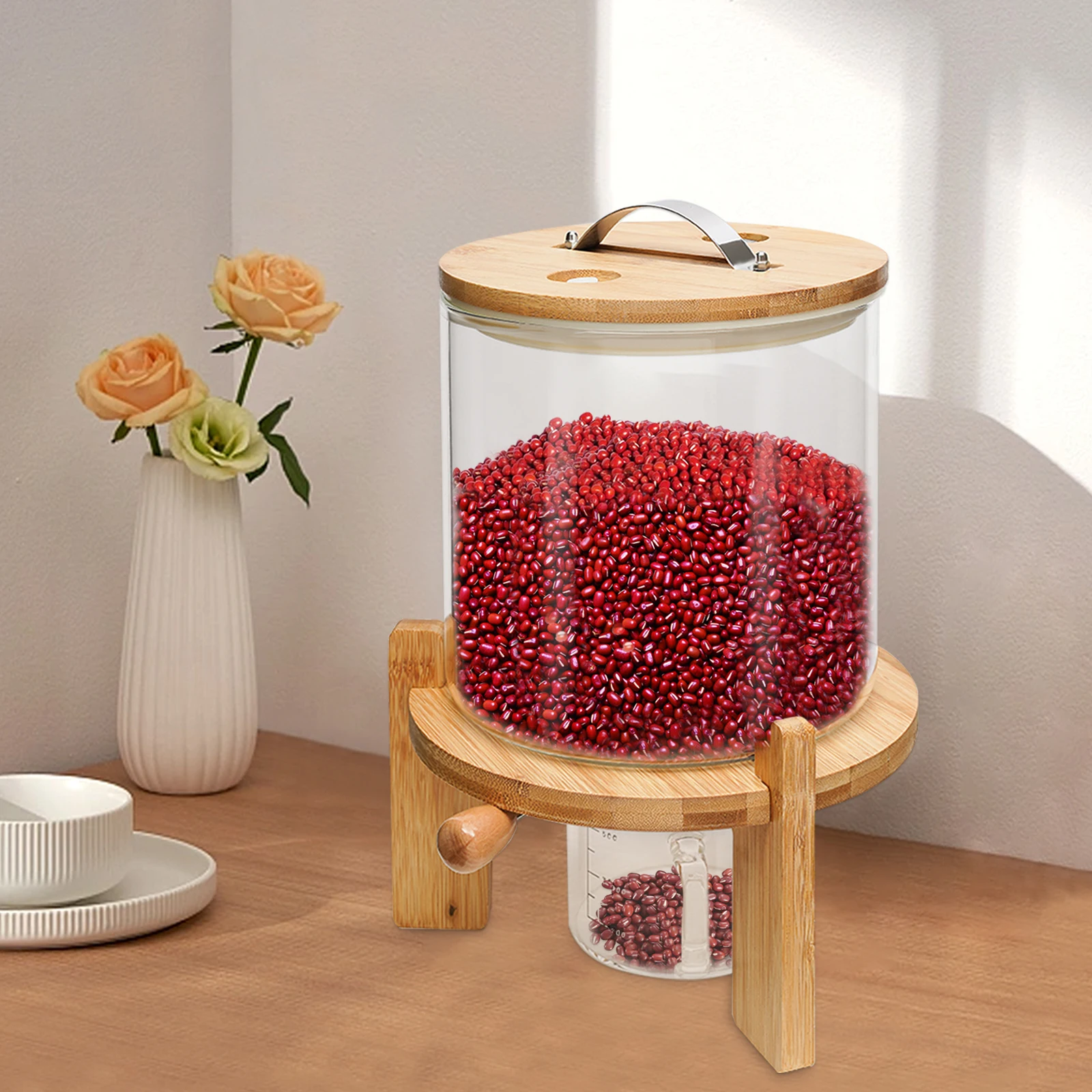 5L Clear Cereal Dispenser with Measuring Cup Glass Food Storage Container for Rice, Flour, Pet Food, Kitchen Organization