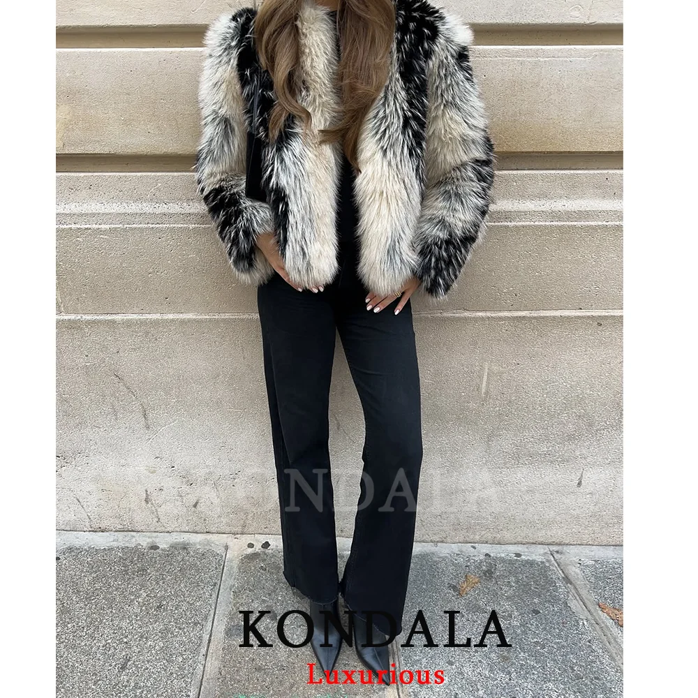 KONDALA Streetwear Patchwork manteaux de fourrure femmes col rond à manches longues vestes courtes mode 2026 printemps hiver décontracté élégant outwear