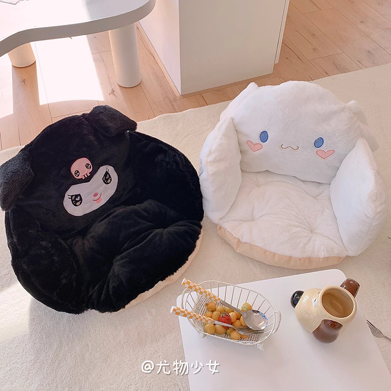 Kawaii Cinnamoroll Thick Plush Seat Cushion with Backrest Sanrio Kuromi Anime Embroidery Student Winter Thermal Sofa Cushion