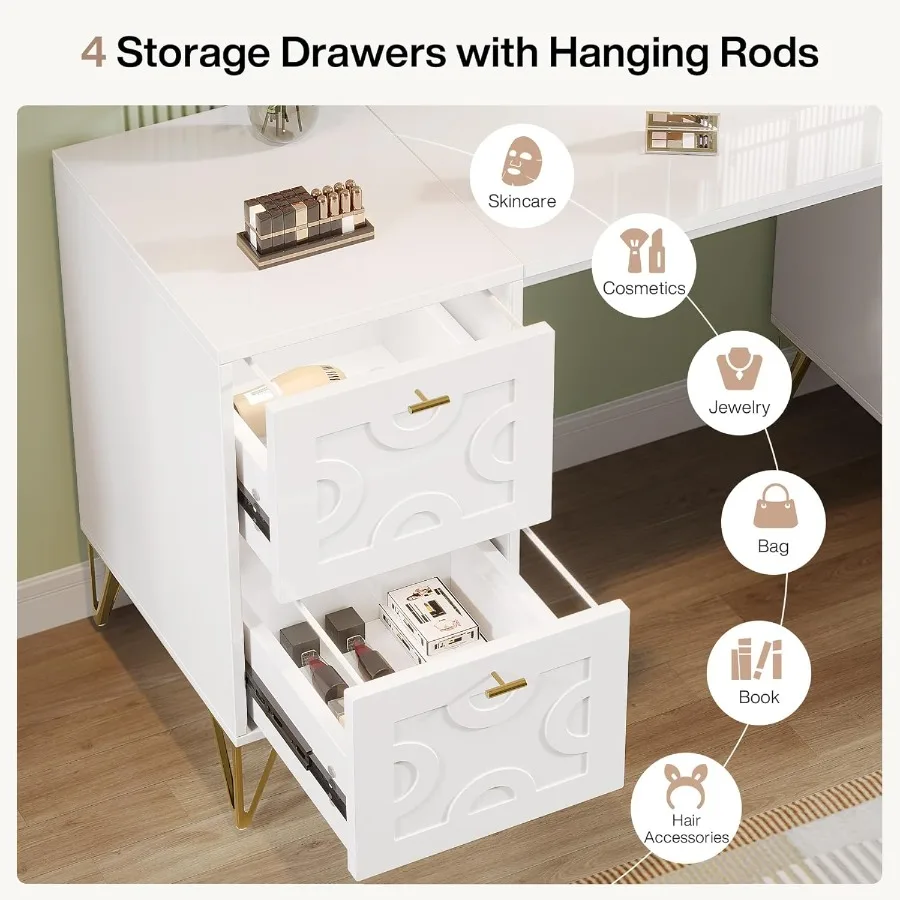 59Inch Makeup Vanity Desk with 4 Drawers White Dressing Table with Storage Modern Beauty Table Simple Home Office Computer Desk
