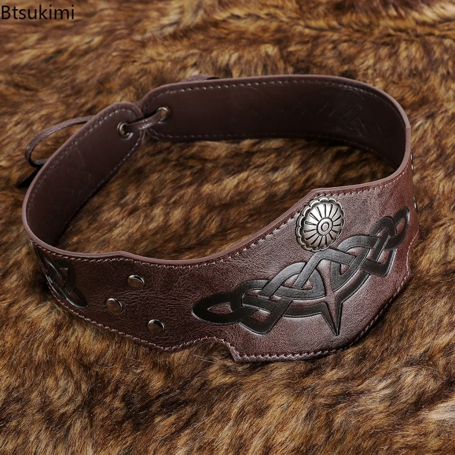 القرون الوسطى خمر تنقش الجلود خوذة قابل للتعديل بولي Leather الجلود الدائرة عقال الفايكنج فارس أغطية الرأس تأثيري حلي الدعائم