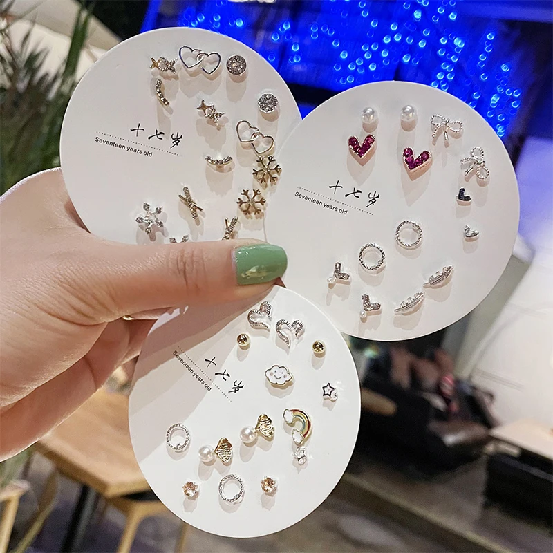 7pairs/Set Needle Stud Earrings Korean Female Small Geometric Earrings Set Multiple Pairs Mini Butterfly Ear Jewelry Wholesales