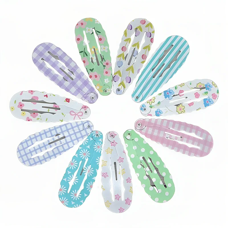 6/10Pcs Cute Colorful Waterdrop Wave Metal Hairpins Sweet Cartoon Flower Print Hair Clips For Women Girls Hair Accessories