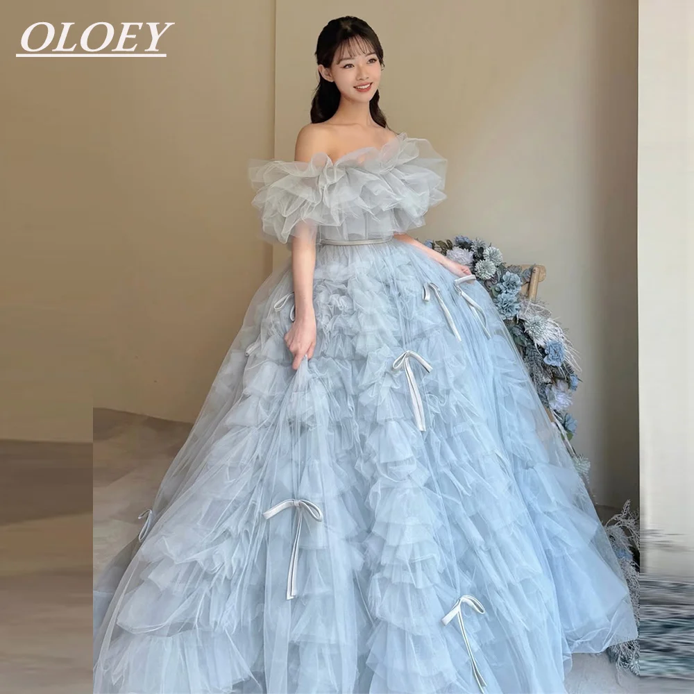 

OLOEY сказочное синее корейское свадебное вечернее платье для фотосессии с вырезом в форме сердца, тюлевые банты с рюшами, коктейльное вечернее платье для выпускного вечера по индивидуальному заказу