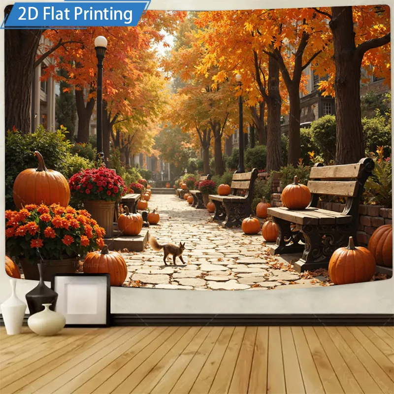 

[2D FLAT] 1 шт. 4x16 дюймов металлический знак осенняя парковая сцена железное настенное искусство с тыквой и лисой 2D плоский принт Декор