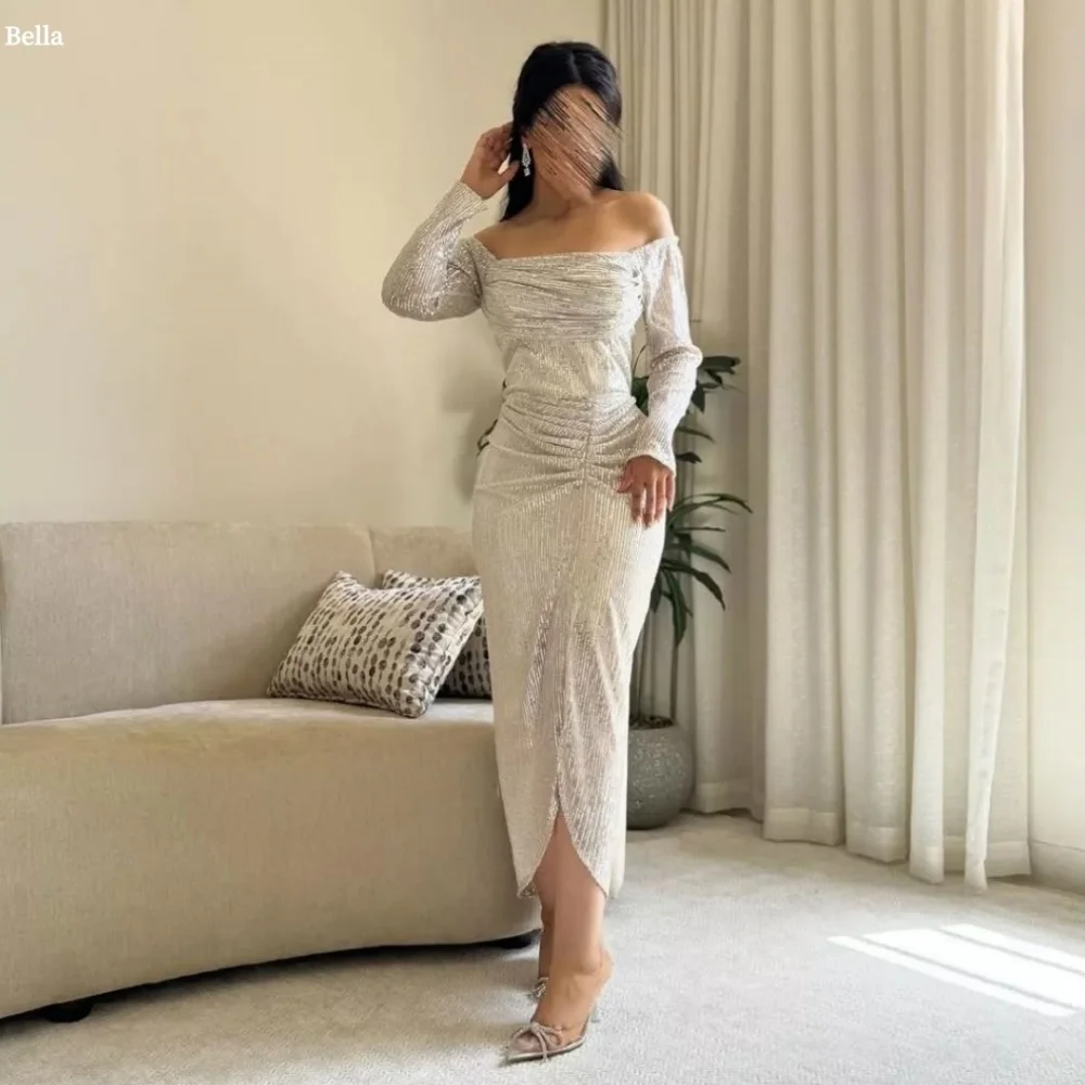

Bella Customized White Beading One Shoulder robes de soirée Strapless Party Dresses Long Sleeves Ankle-Length Prom Dress 2025