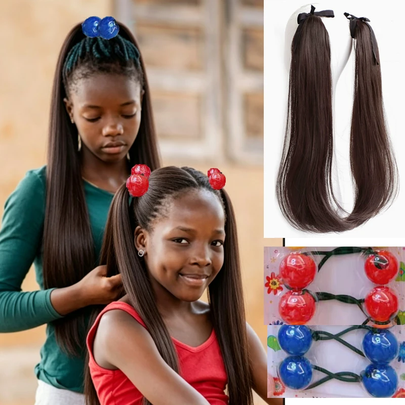 6pcs Kids Long Wavy Rasta Ponytail Wig Set, Dual Steel Clip Ribbon Tie Double Ponytail Hair Extensions with Candy Ball Hair Ties