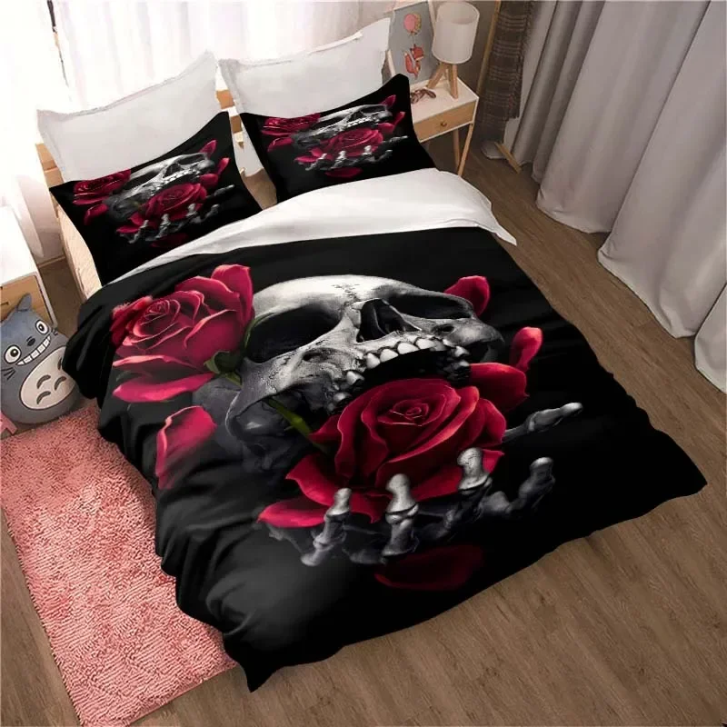 

Skull design three-piece set, bedroom bed decorated with delicate quilt cover pillowcase quilt beautiful birthday gift