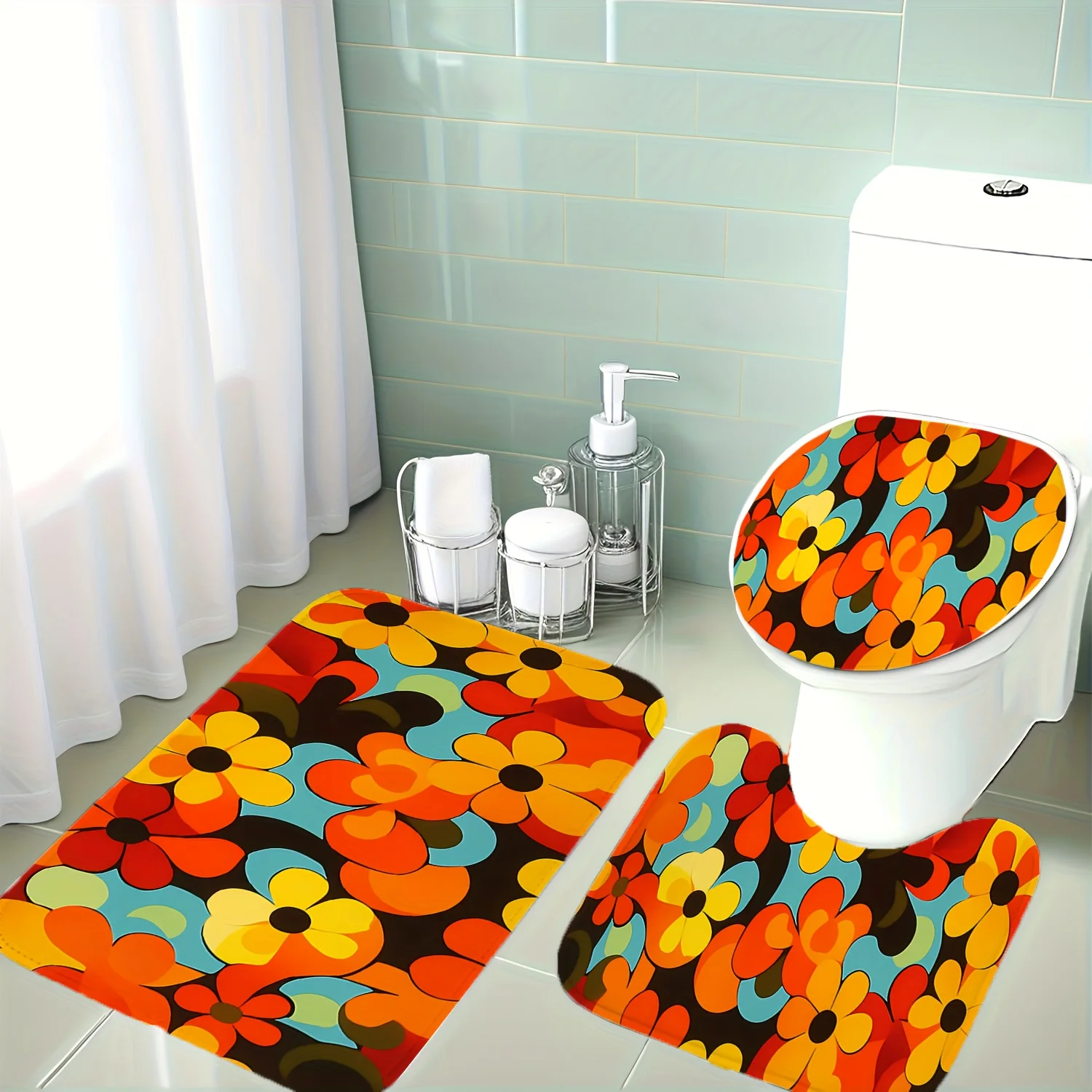 Decorative Bathroom Mat Set 3pcs Bundle Colorful Floral Print Floor Rug Toilet Protector Home Decor Accessories
