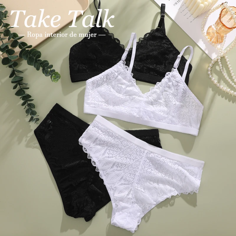 Transparent Lace Bra Set for Women Two Pieces Exquisite Lace Lingerie Set Ultrathin Wireless Bra Sexy Low Rise Briefs Set Soft