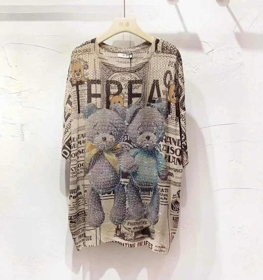 Fashion Printed Vintage T Shirts for Women Summer Clothes Casual Cartoon Pattern Hot Diamonds Half Sleeve Tops Tee Shirt Femme
