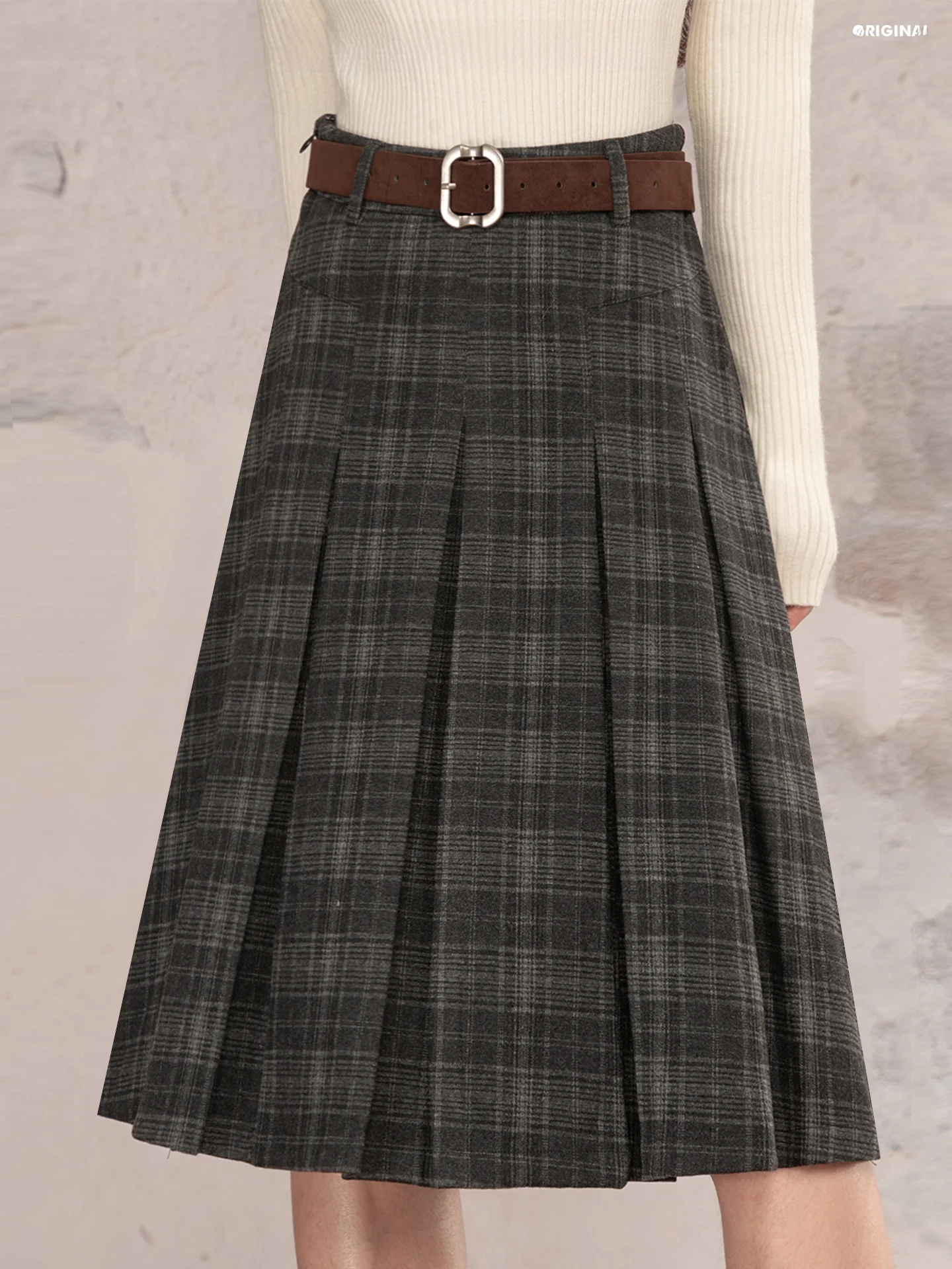 Loveheynew High Waist Plaid Suit Skirt Women's Winter College Style Slimming Pleated Midi Skirt Color Block City Commute