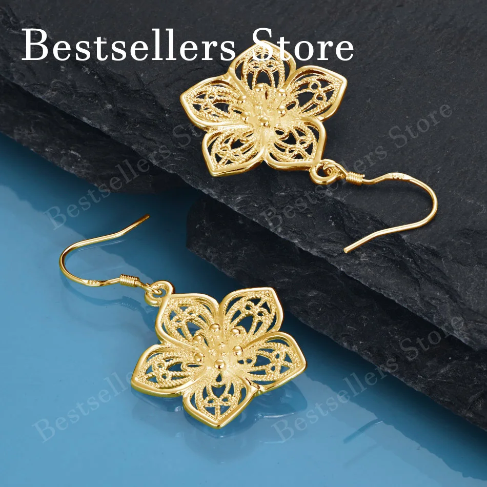 18K Gold Plated Exquisite Openwork Filigree Flower Earrings for Women, Fashionable Wedding Party Jewelry