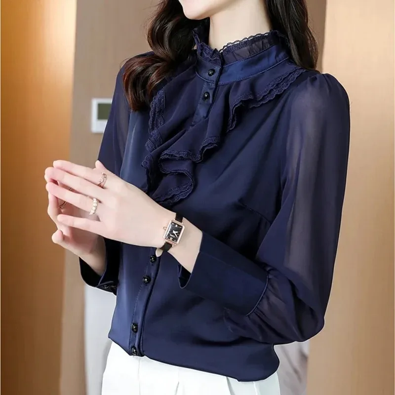 Elegant Lace Chiffon Blouse for Women, Ruffle Shirt, Casual Long Sleeve Tops, Dark Blue Button, Female Clothing, Fashion, 20389