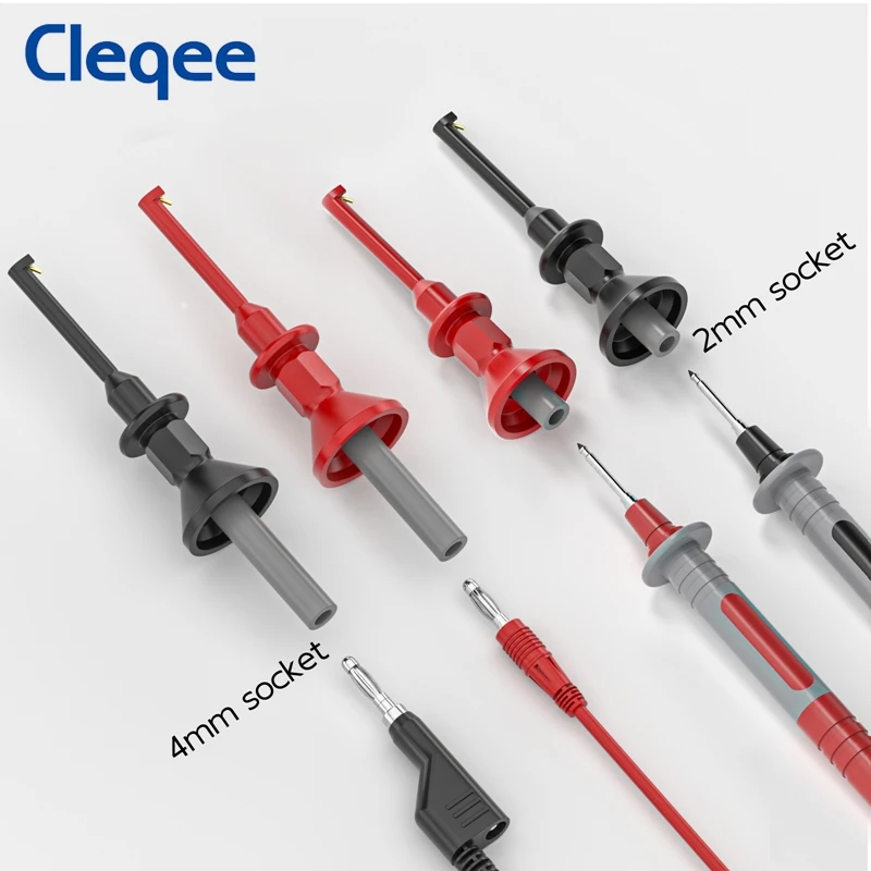 Cleqee P30056 SMD IC Test Hook Clips with 2mm/4mm Female Jack 2PCS for Multimeter Banana Plug Test Probe Electrical Testing