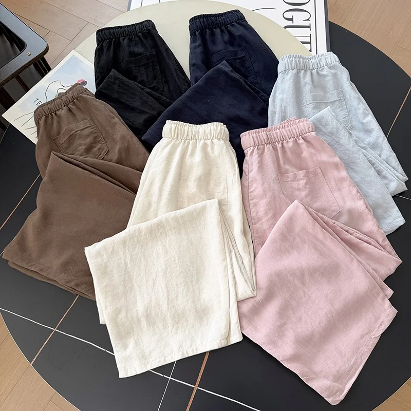 Summer Thin Rellana  Linen Wide Leg Pants Lazy Loose Casual Trousers Ladies Loose Fit Natural Waist Fibre Blend