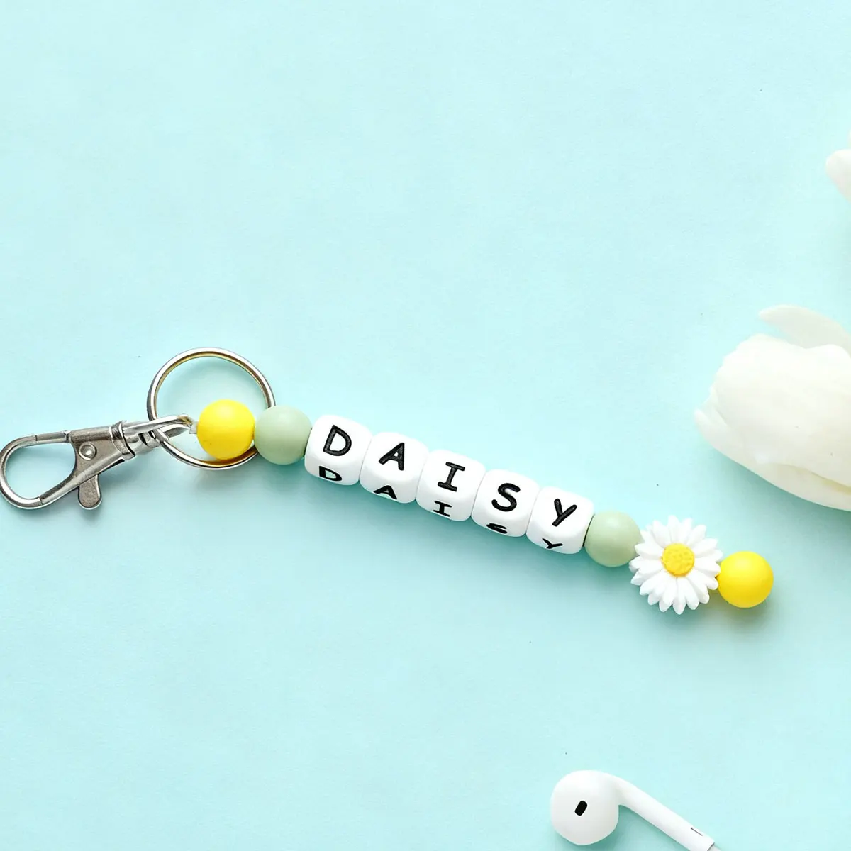 Personalized Custom Daisy Silicone Keychain, Beaded Bag Charm