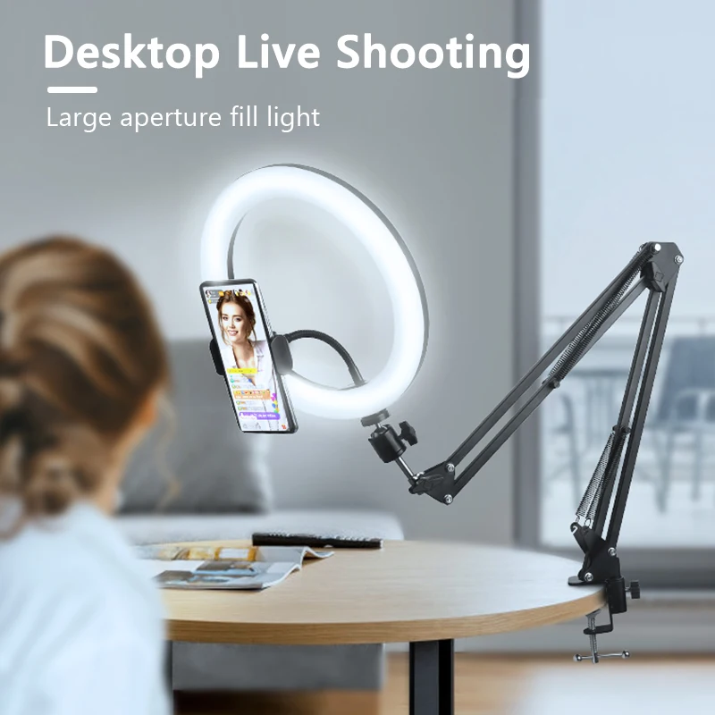 10 inch Selfie Ring Light with Mobile Holder Support Table Arm Stand, Photography Led Ring Lamp Ringlight For Live Broadcast