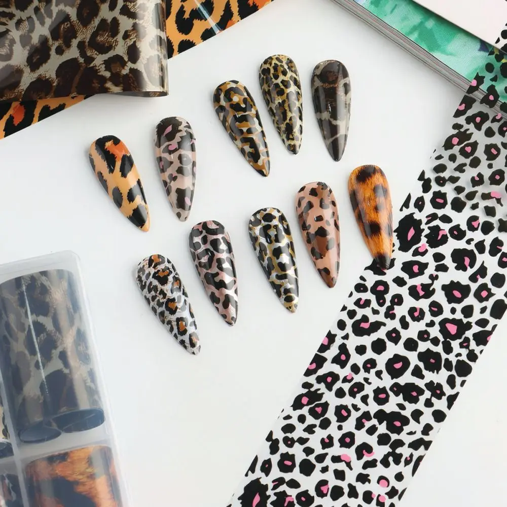 Elegant Leopard Print Nail Art Foil Set Pink Brown Gold Silver Transfer Decals For Full Beauty Manicure Salon Style