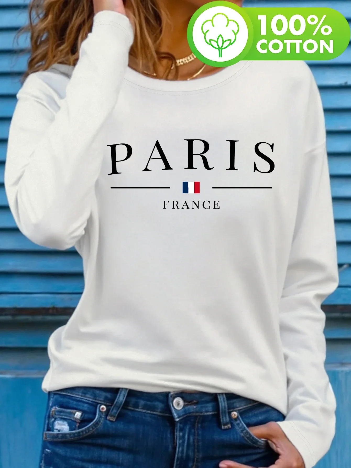 Fashion 100% Cotton Women'S Paris France Long Sleeve T-Shirt Casual Crew Neck Fall Winter Fashion Top with French Flag Design