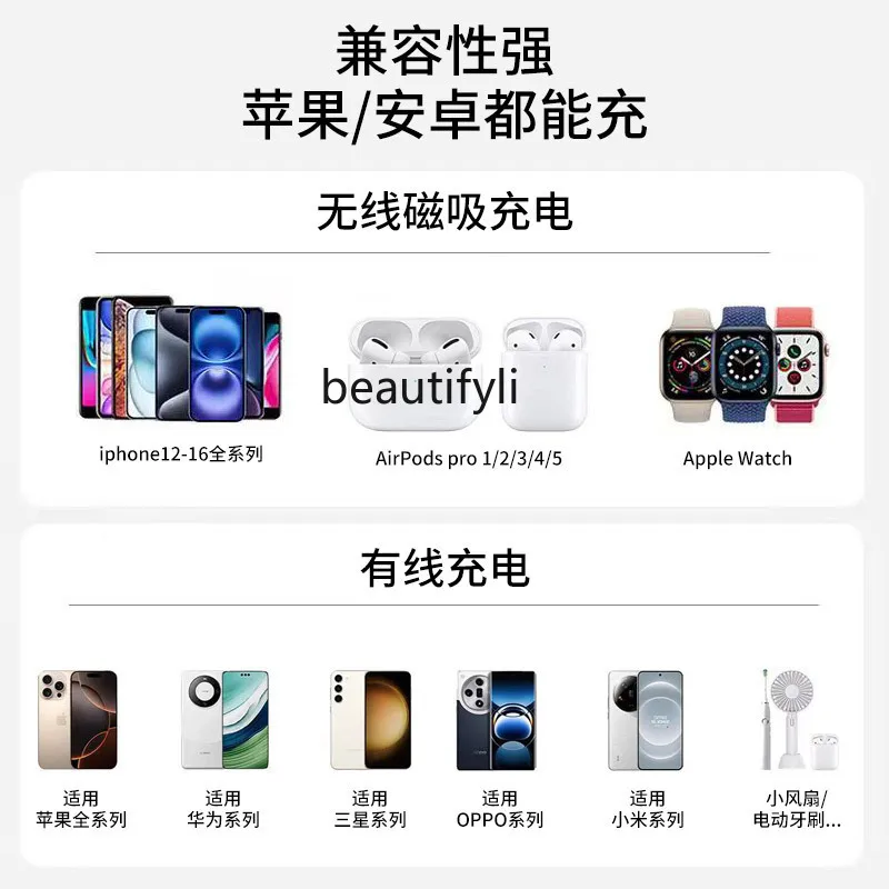 New folding wireless charging mobile power supply, large-capacity fast charging, self-contained cable, magnetic power bank