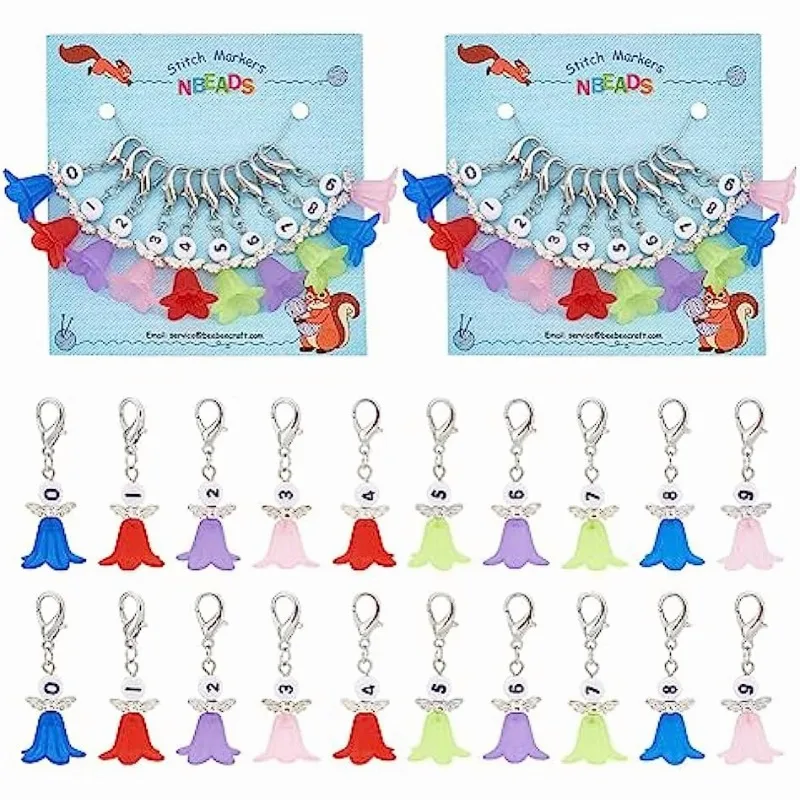 20 Pcs Number 0~9 Angel Stitch Markers 10 Colors Wing and Flower Crochet Charms Removable Lobster Clasp Locking Stitch Marker