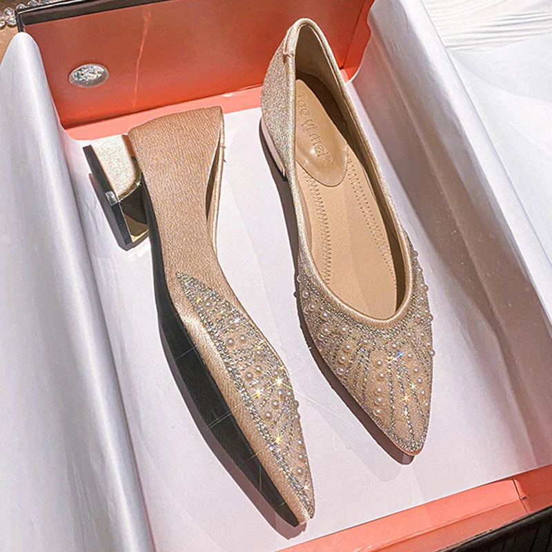 Zapatos con cuentas de cristal y perlas para mujer, zapatos de tacón bajo con bloque plateado, vestido de oficina para mujer, Escarpins con punta estrecha, boda, novia, Mary Janes