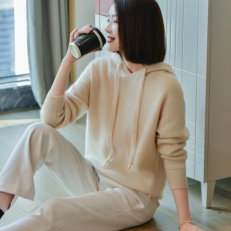 

Women's 100% Australian wool pullover sweater new solid color knitted loose and comfortable full sleeved women's hooded sweater