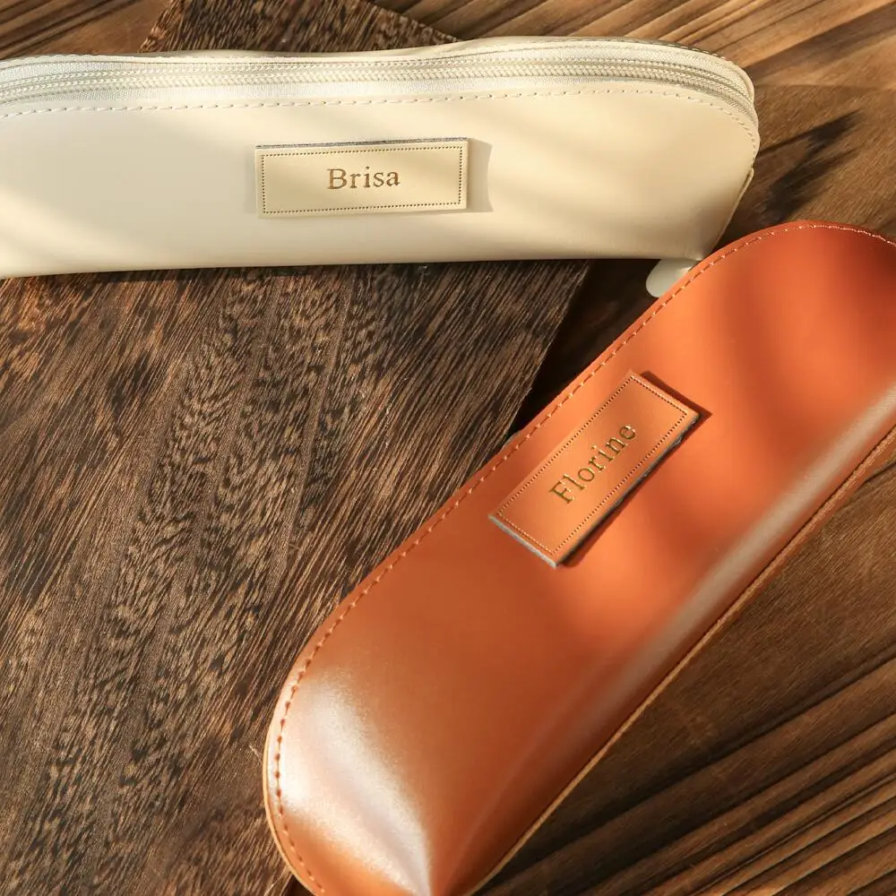 Custom Embossed Name Leather Tag PU Pencil Case Dual Use Makeup Brush Storage Bag Zipper Stationery Pen Pouch Portable Mini Bag
