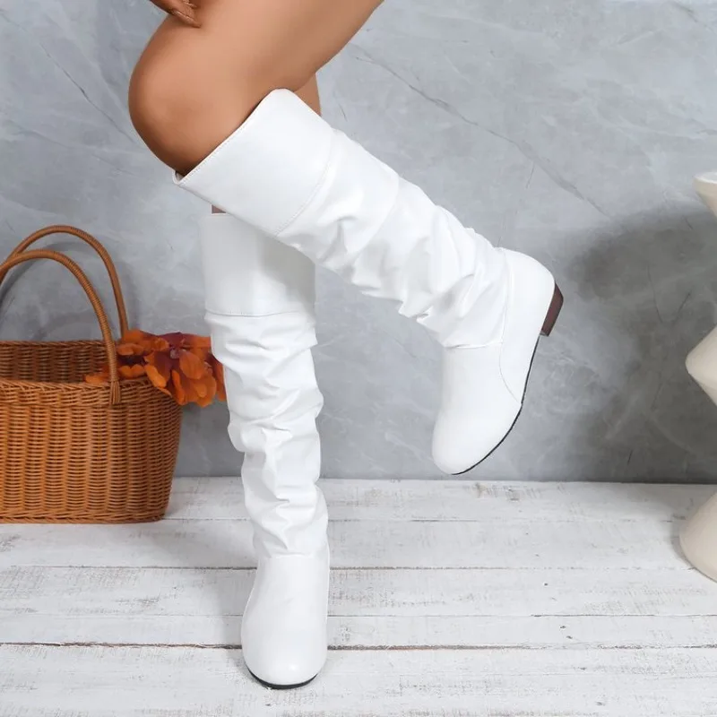 2026 New Fashion Woman’s Autumn Winter Boots Female Stretch PU Leather Shoes Woman White Roma Style Knee-Length image 3
