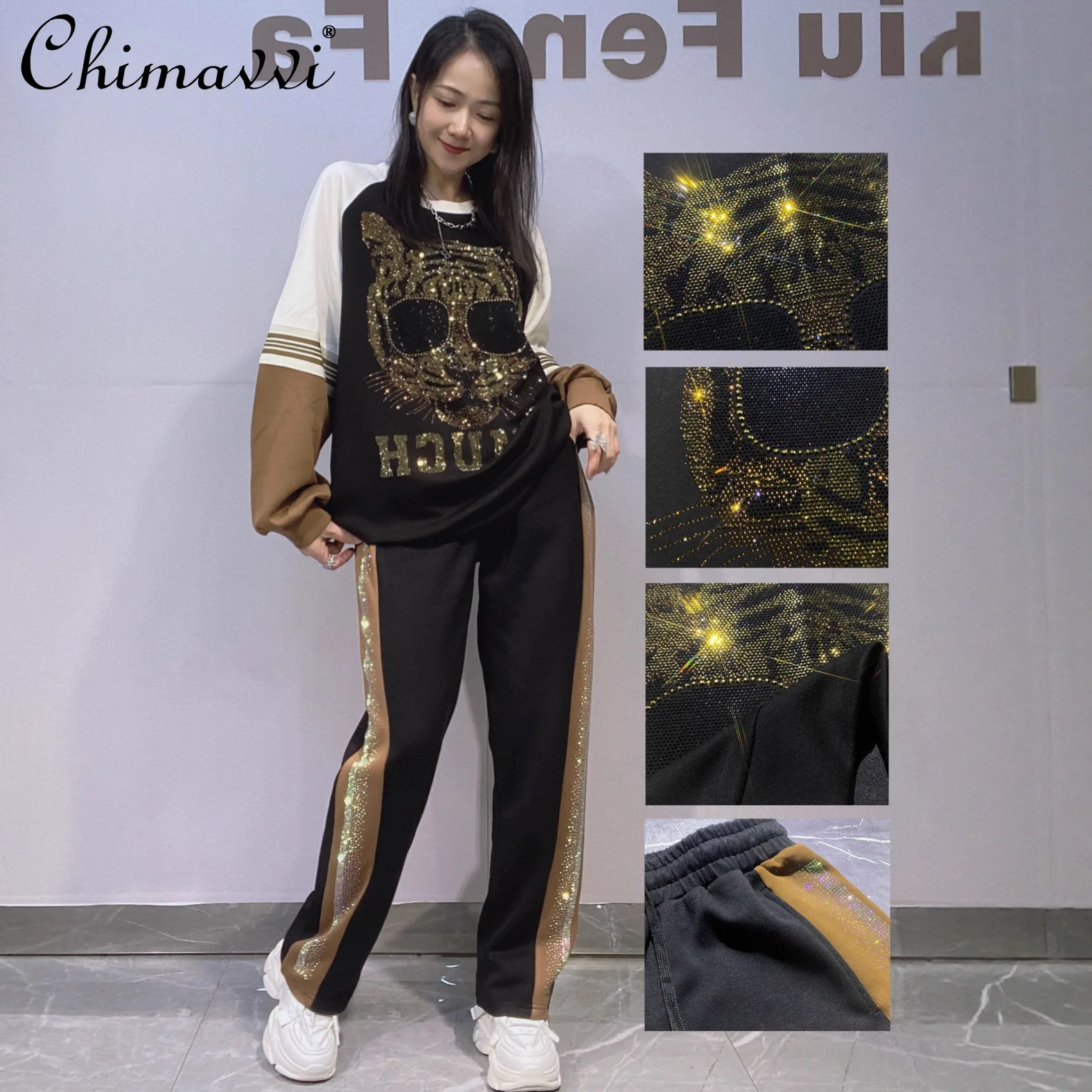 Moda em torno do pescoço manga longa topo calça oversized feminino conjunto pesado strass retalhos cor casual conjunto de duas peças