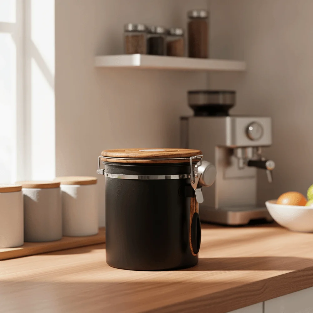 304 Stainless Steel Coffee Bean Storage Tank Airtight with Spoon Tea Leaf Canister Cylindrical Date Tracker