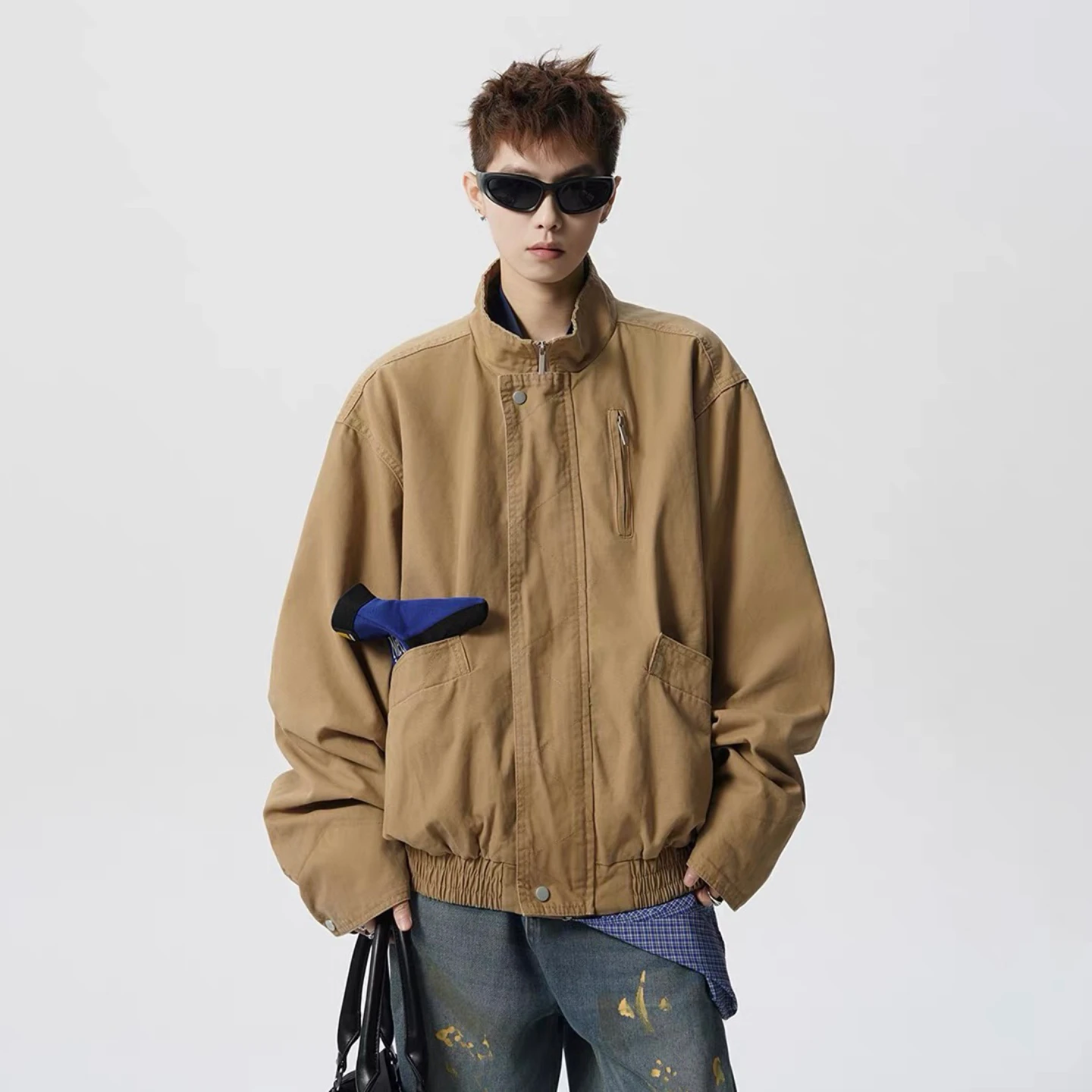 

American Retro Deconstructed Stand Collar Workwear Jacket Loose Casual Unisex Motorcycle Outerwear for Youth Spring Autumn