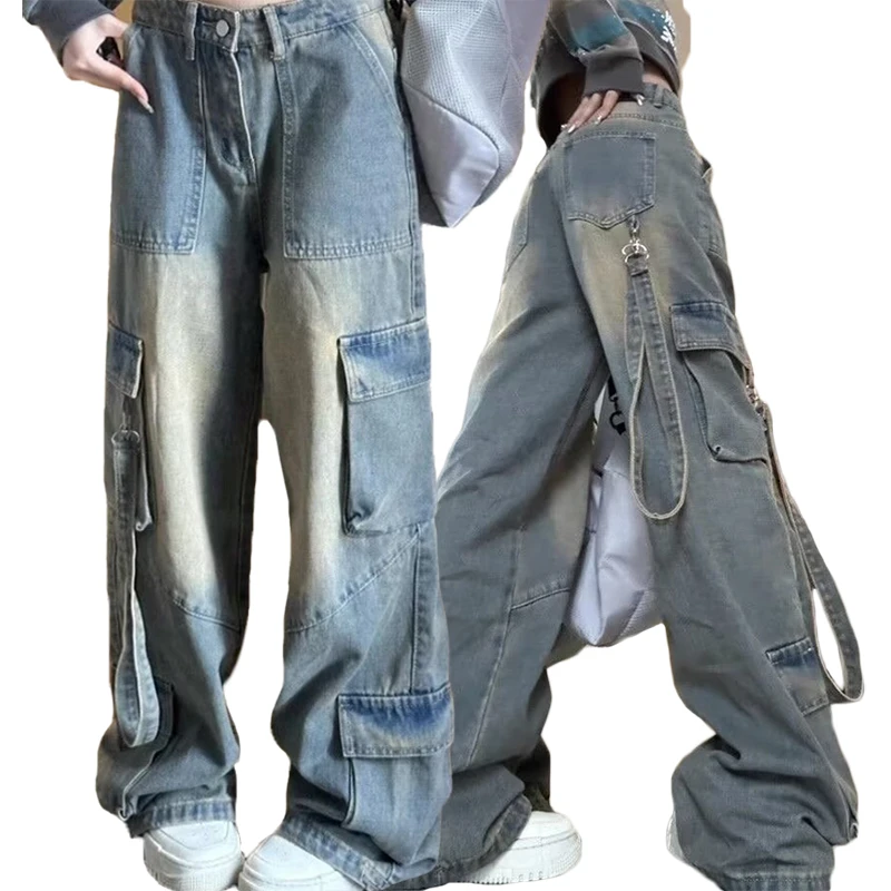 

Autumn Casual Cargo Jeans Women Spliced Multi-pockets Straight Denim Pants Autumn Retro Blue Washed Trousers Spice Girl Jeans
