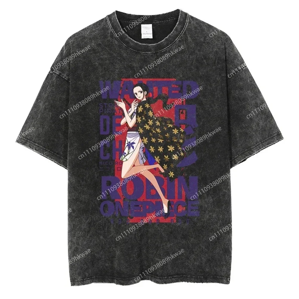 One Piece Nico Robin Devil Child Wanted Poster Street Style Vintage Washed Anime Print T Shirt Men 2026 Summer Casual