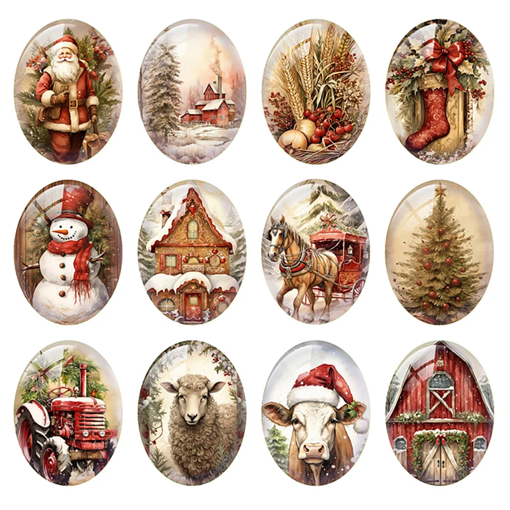 

10pcs/lot Christmas X-mas Sheep Santa Cow Snowman Winter Tree Oval Photo Glass Cabochon Flatback Demo Cameo Diy Jewelry Making