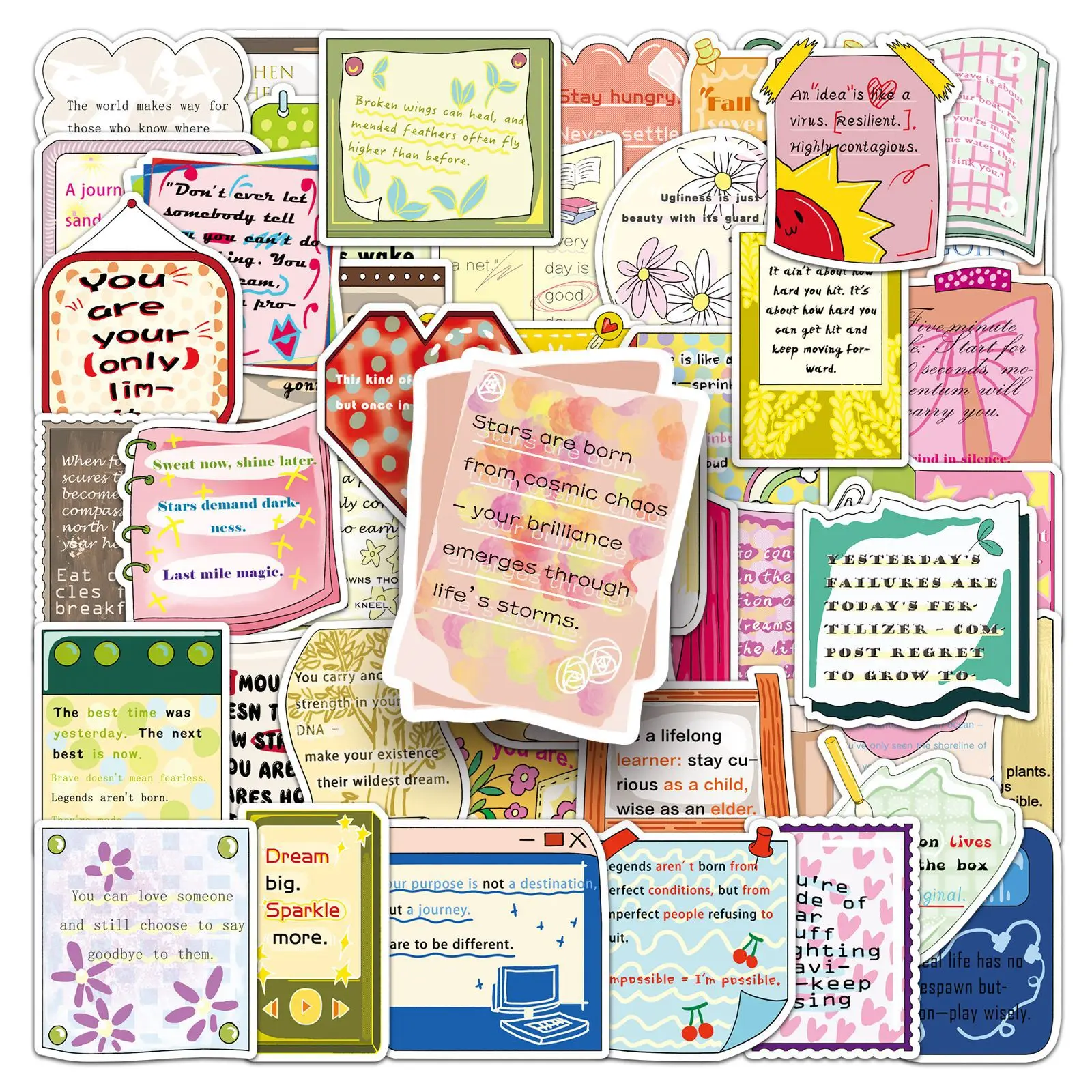 

50PCS Inspirational English Phrase Doodle Stickers Cartoon Creative Decorative Water Cup Pencil Box Scrapbook Waterproof Decal