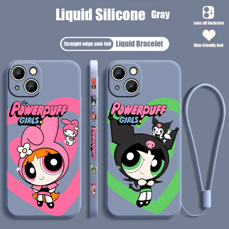 حبل سائل فاخر للفتيات Powerpuff ، Apple iPhone 15 ، 14 ، 13 ، 12 ، 11 ، XS ، XR ، X ، 8 ، 7 ، SE ، Pro Max ، Plus ، Mini ، رجوع