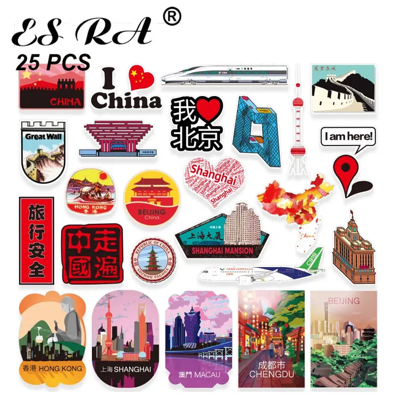 25 Pcs/Set Big Size China City Travel  Stickers  Pegatinas Beijing Shang HongKong Macau ChengduTravel Laptop Decals Suitacase