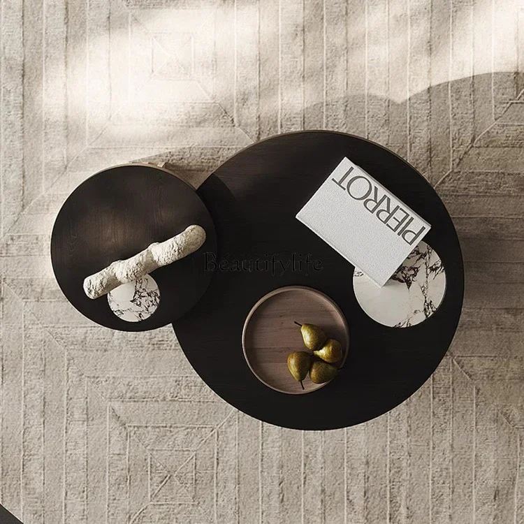 

yj21 Italian minimalist small apartment living room coffee table modern simple rock slab high and low combination round