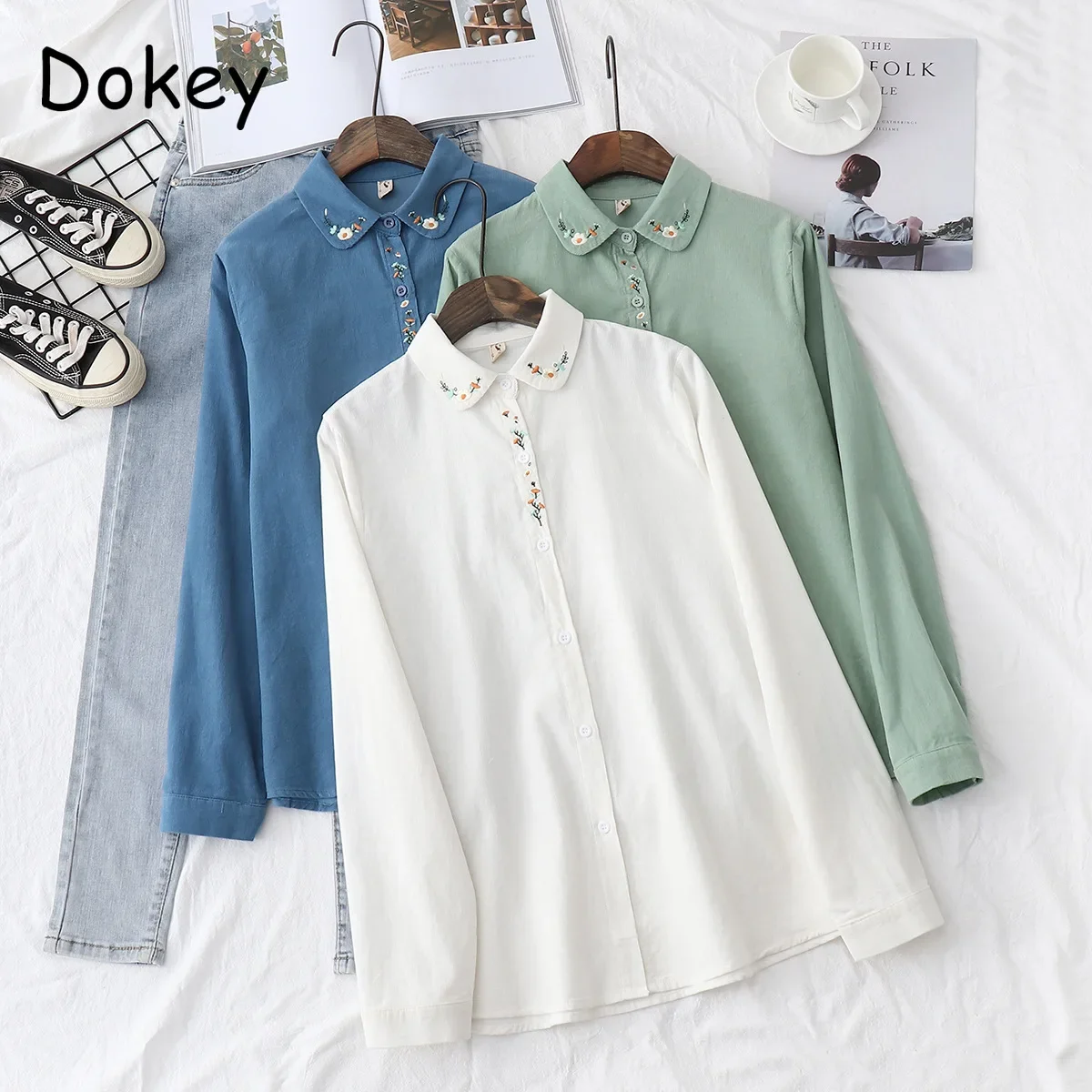 Vintage Embroidery Corduroy White Shirts Women Autumn Japanese Casual Daily Lapel Long Sleeve Blouses And Tops Loose Outerwear