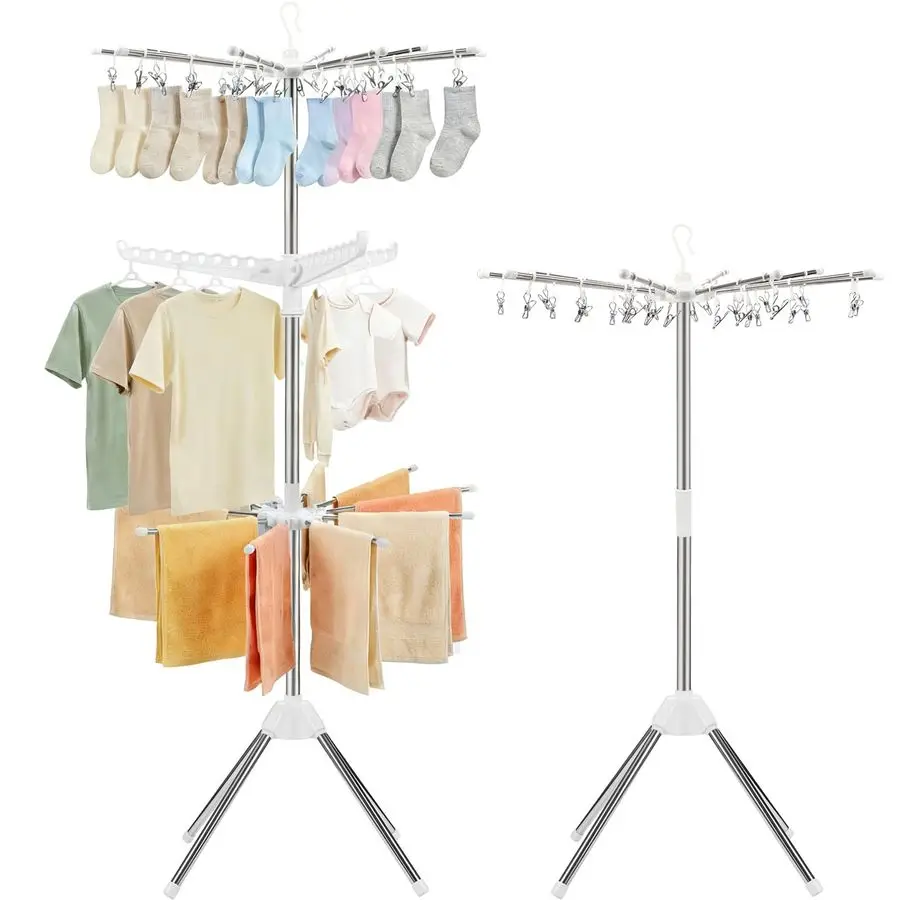 

Clothes Drying Rack 3 Tier Laundry Drying Rack, Portable Clothing rack with Rotating Clothes Rail with 30 Clips,10 towel sticks