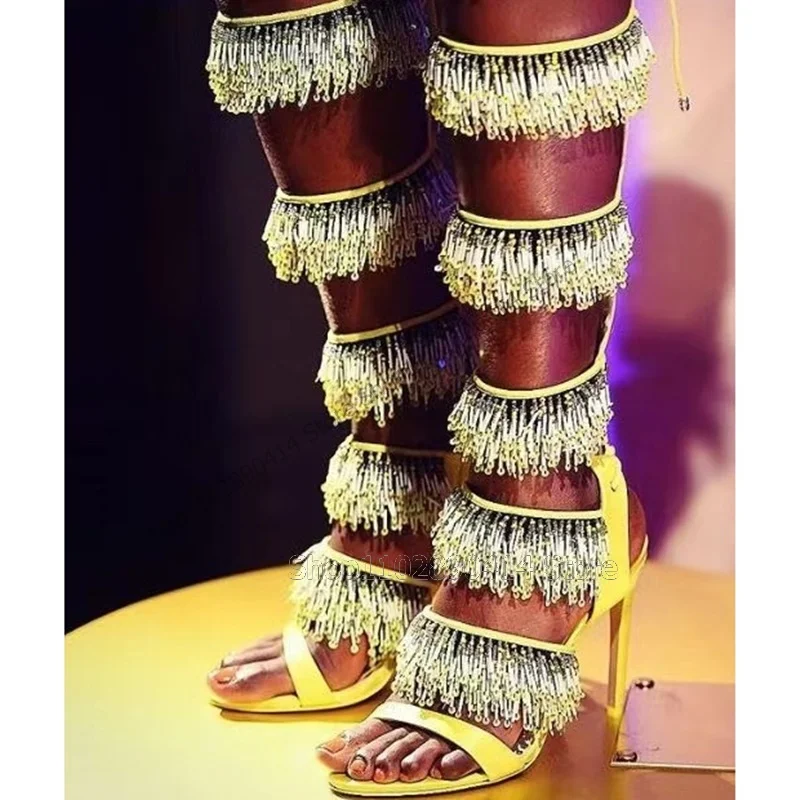 Crystal Beads Tassels Yellow Cut Heel Sandals Boots Back Strap Women Shoes Thin High Heels Open Toe New 2024 Zapatos Para Mujere