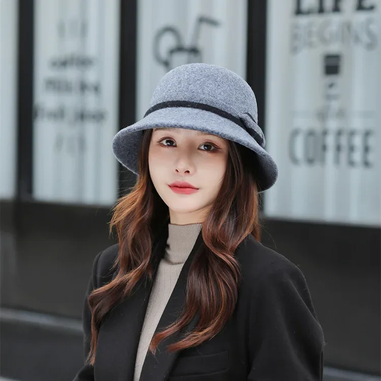 Vintage Women Bow Visor Hat Fashion Furry Bucket Hat Autumn Winter Korean Version Fluffy Panama Hat Warm Ladies Fisherman Cap