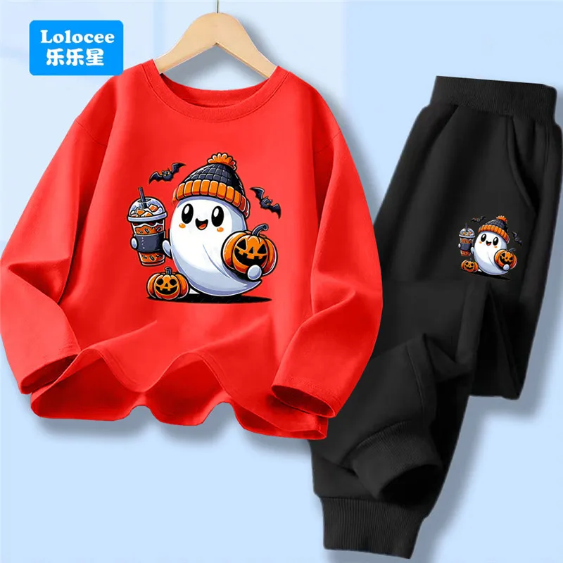 Jungen-Trainingsanzug, bestehend aus zwei Teilen, mit einem süßen Geister-Halloween-Motiv, langärmeliges T-Shirt und Hose, lässiges Outfit für Kinder.