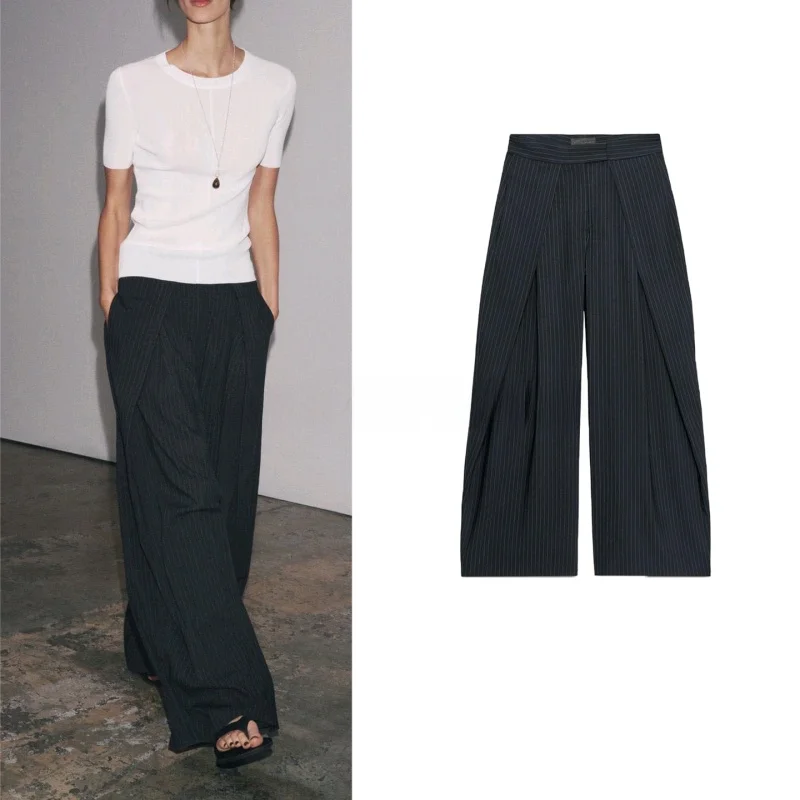 

Новые женские брюки с металлическими крючками и декоративными элементами, плиссированные, в тонкую полоску, с высокой талией, повседневные, широкие, длинные