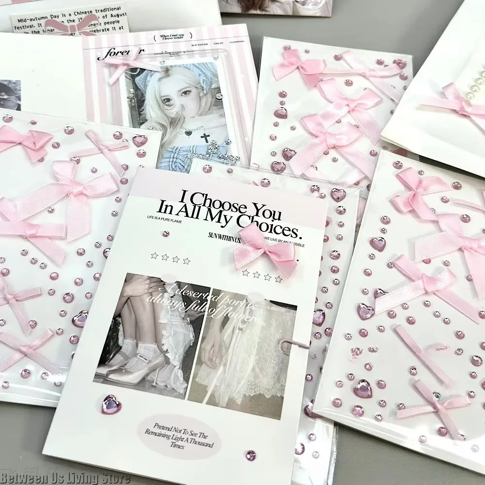 2Pcs 3D Pink Love Lace Bow Crystal Stickers Deco Stickers for DIY Kpop Toploader Cute Sparkly Rhinestone Stickers Girls Gifts view 2