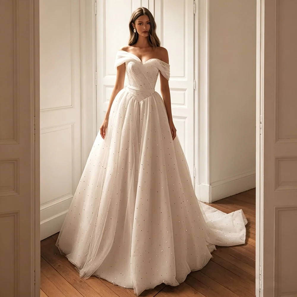 Customized Ivory Wedding Dress New Arrival Off Shoulder Sweetheart Beading A Line Sweep Train Bridal Gown Zipper Buttons