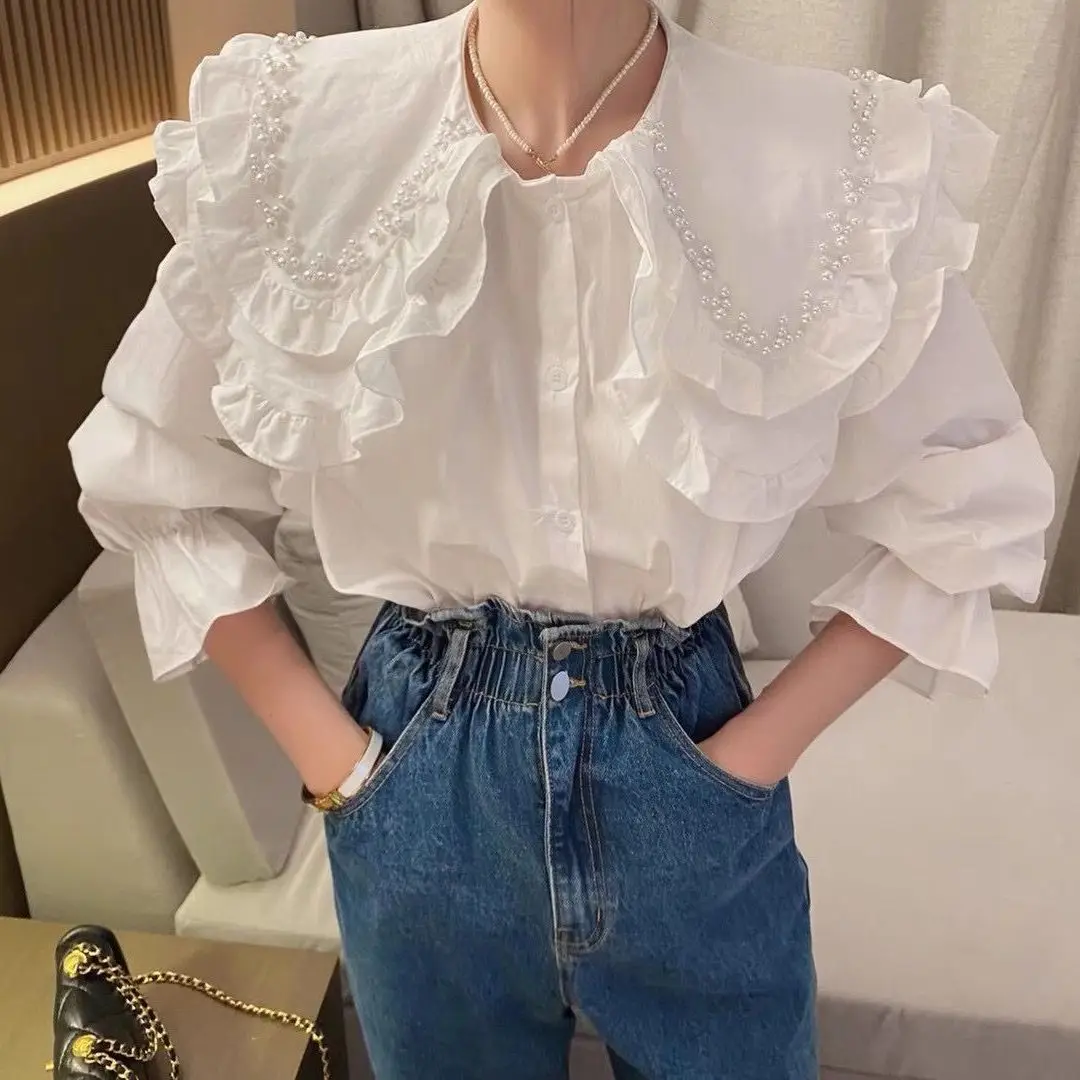 

Heavy Industry Nail Bead Doll Collar Loose White Shirt Women's Long Sleeve Design Sense Small and Western Style New Top